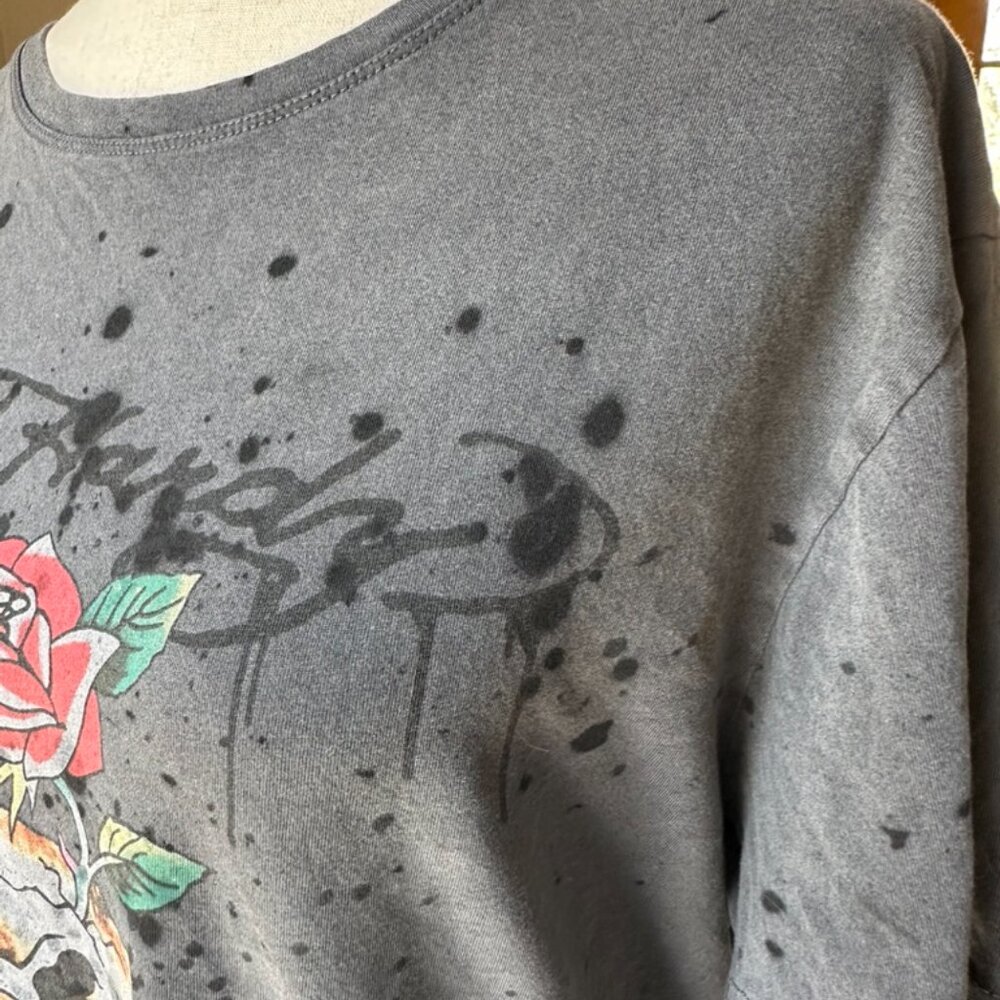 Ed Hardy Womens Distressed Tee, Gray and Black, L, Skull and Rose Design - Picture 4 of 14